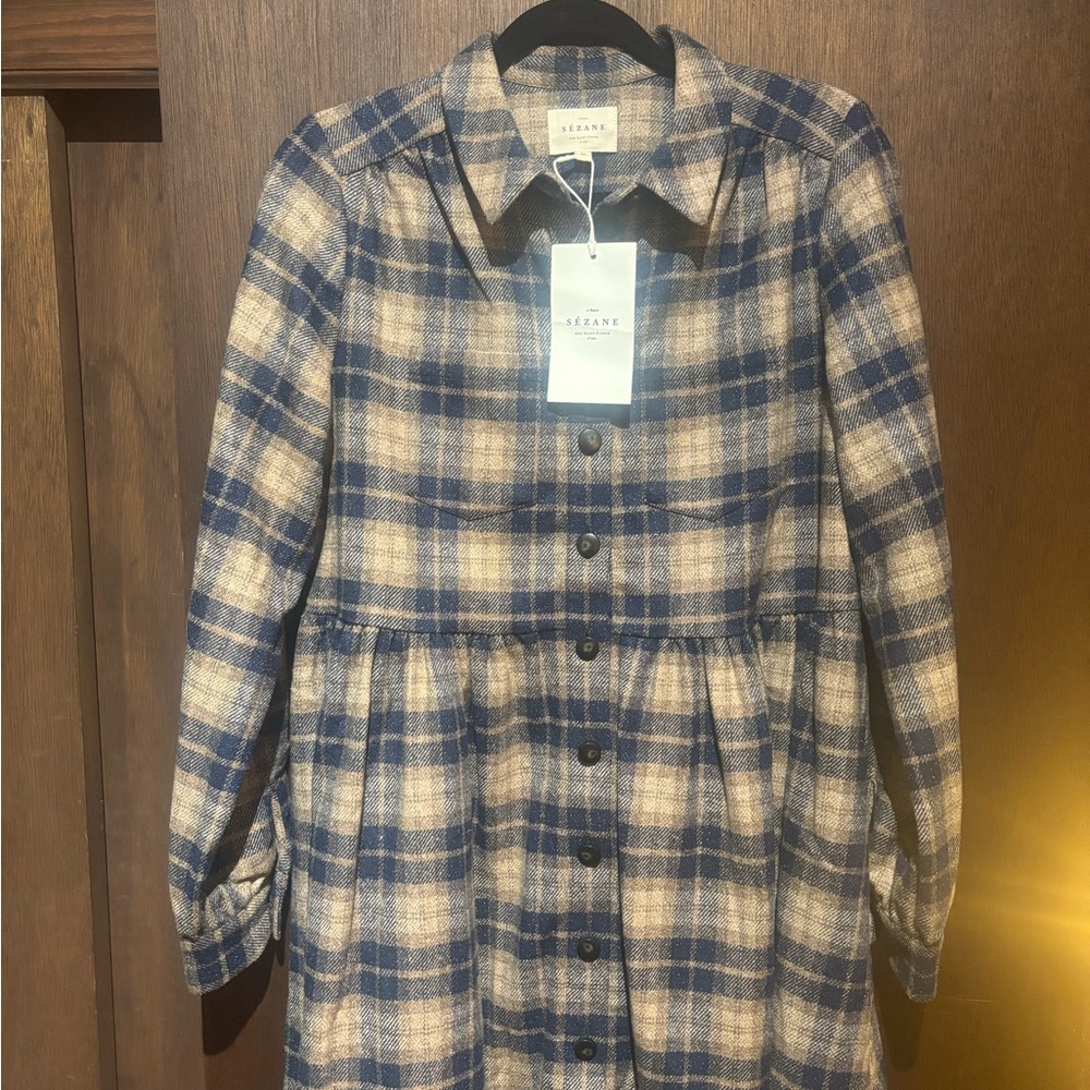 Sezane Tan and Blue Checkered Shirt Dress